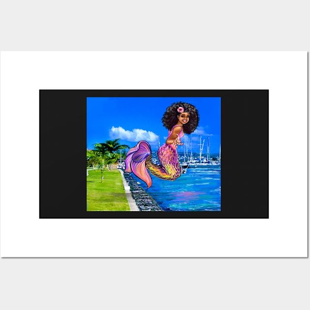 Mermaid with big afro hair, diving into the ocean. Black Mermaid. The best Gifts for black women 2022 Wall Art by Artonmytee